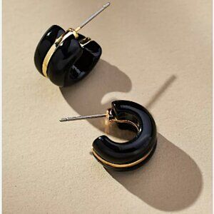 NEW ~ Anthropologie Black Resin & Gold Huggie Hoop Earrings